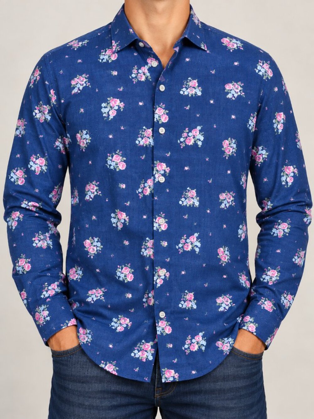 Bar III Slim-Fit 100% Cotton Blue Floral Button-Down | XL (17/17.5 | 34/35)